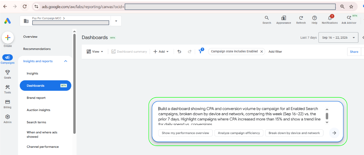 Step 3 - Google Ads dashboard